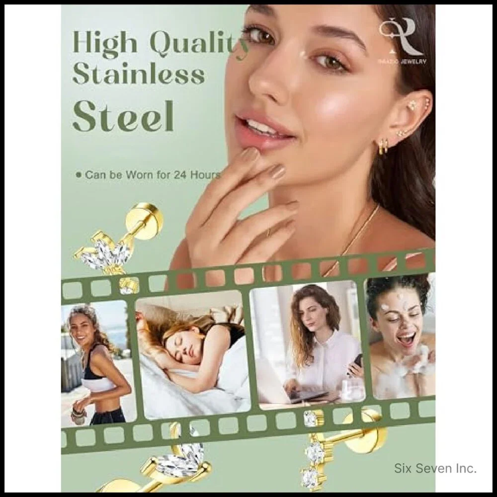 Hypoallergenic Surgical Steel Cartilage Earrings Flat Back Stud Hoop Set